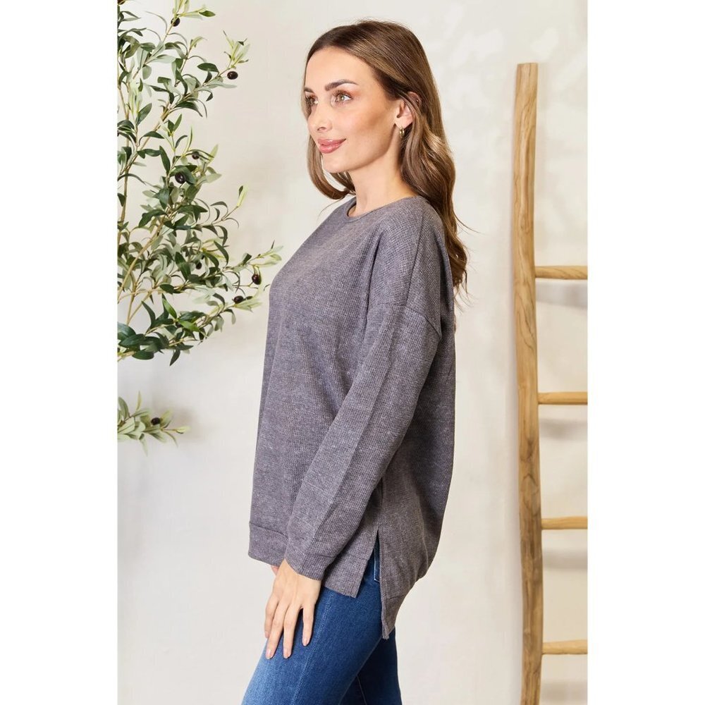 Basic Bae Round Neck Drop Shoulder Slit Sweatshirt - image 3